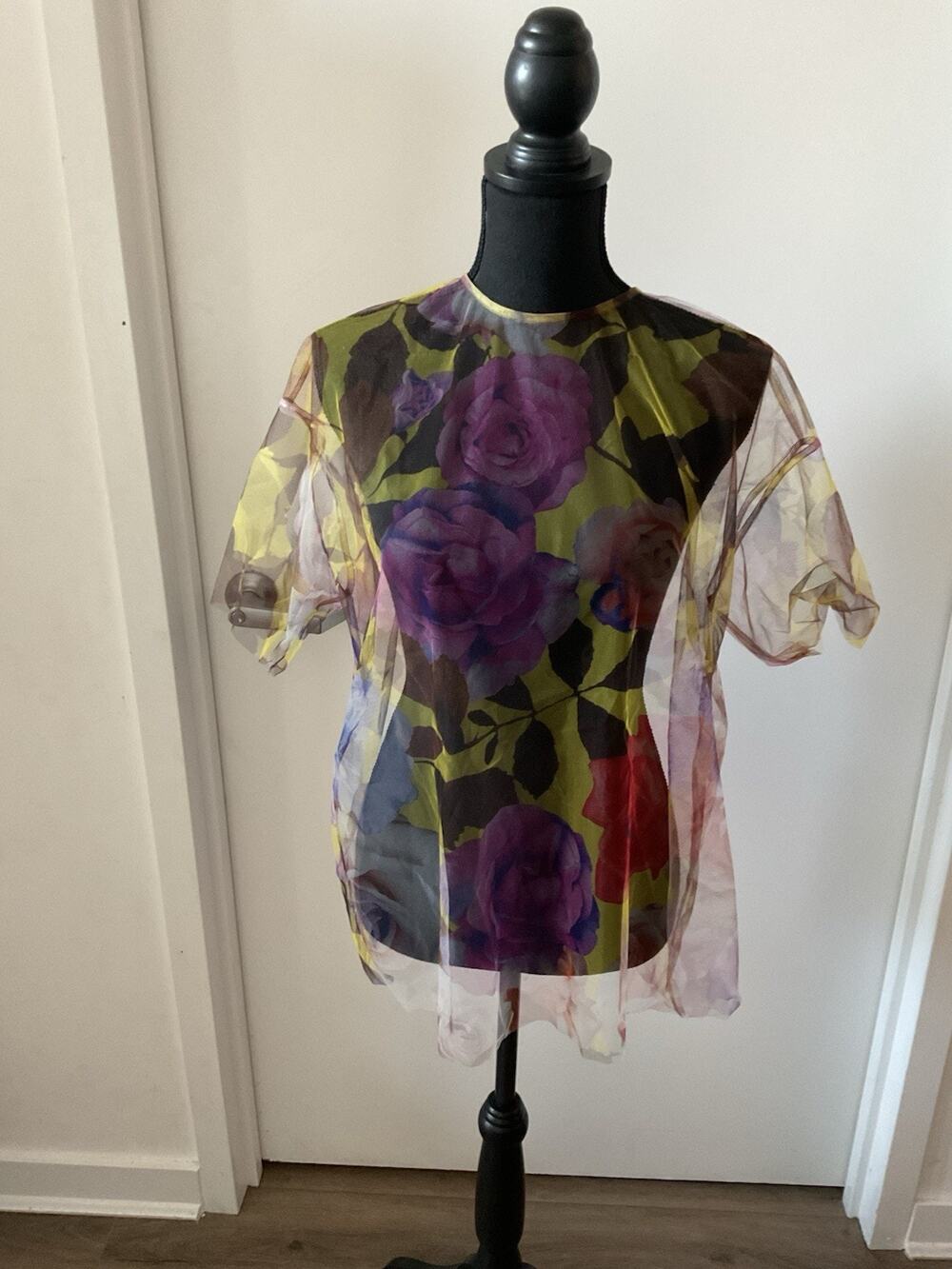 MSGM Milano Sheer Floral Mesh Blouse Top Purple Green Rose IT 40 US 4